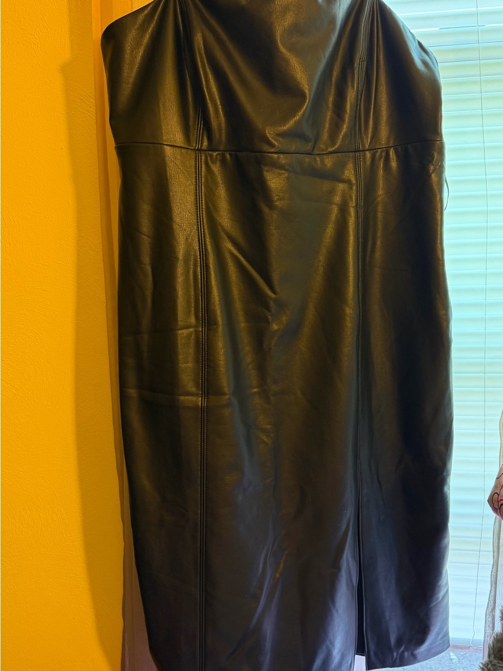 Bar III Strapless Black Faux Leather Midi Dress with Back Slit